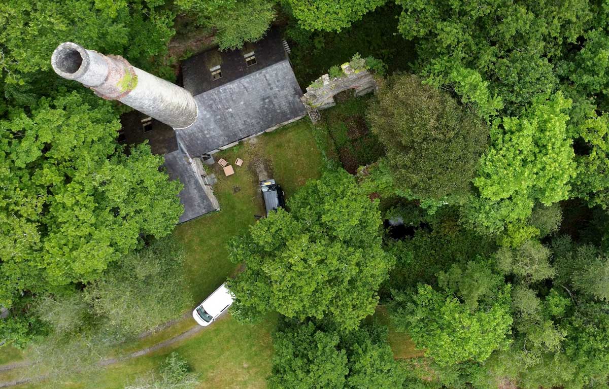 Aerial View of Mine Buildings and Mineshaft at Okel Tor Mine in Cornwall.