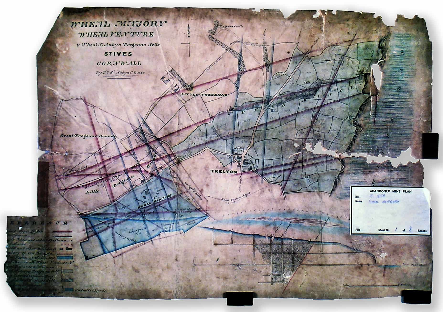 Authentic mine plan from 1848 showing Wheal St. Aubyn, a mine from the Carbis Bay area of Cornwall
