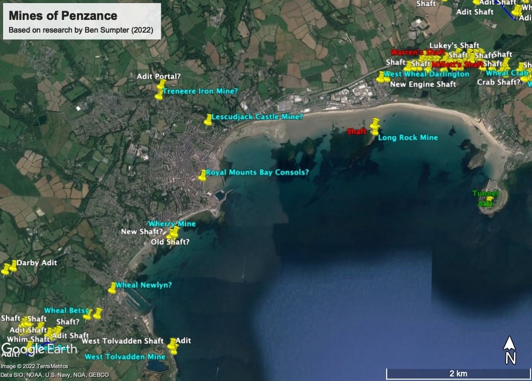 Map showing mines in and around Penzance, Cornwall. By Ben Sumpter, Cornwall Underground