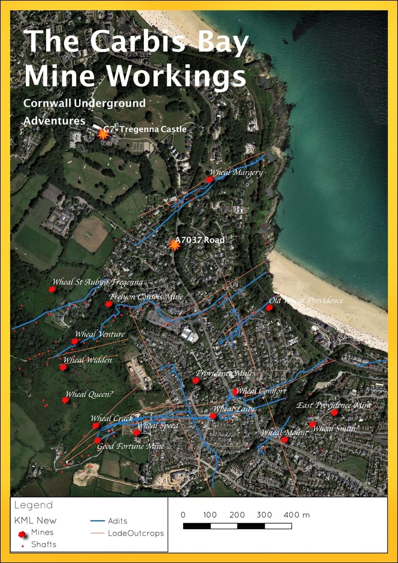 Map showing the various mines and mineral lodes of the Carbis Bay area, St. Ives, Cornwall