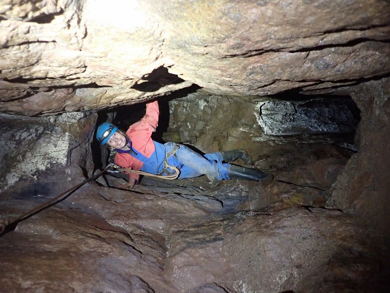 Mine explorer traverses stoping in a Cornish tin mine by using cowstails with Petzl Wirelock Carabiners