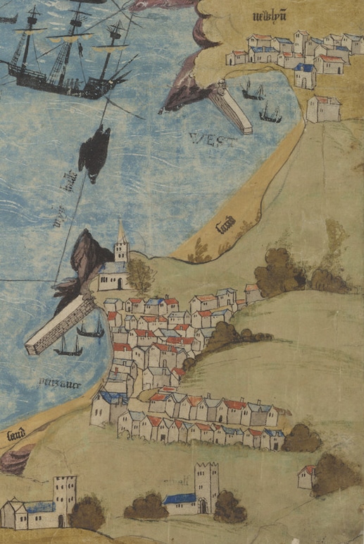 An ancient map showing Penzance and Mounts Bay in 1540