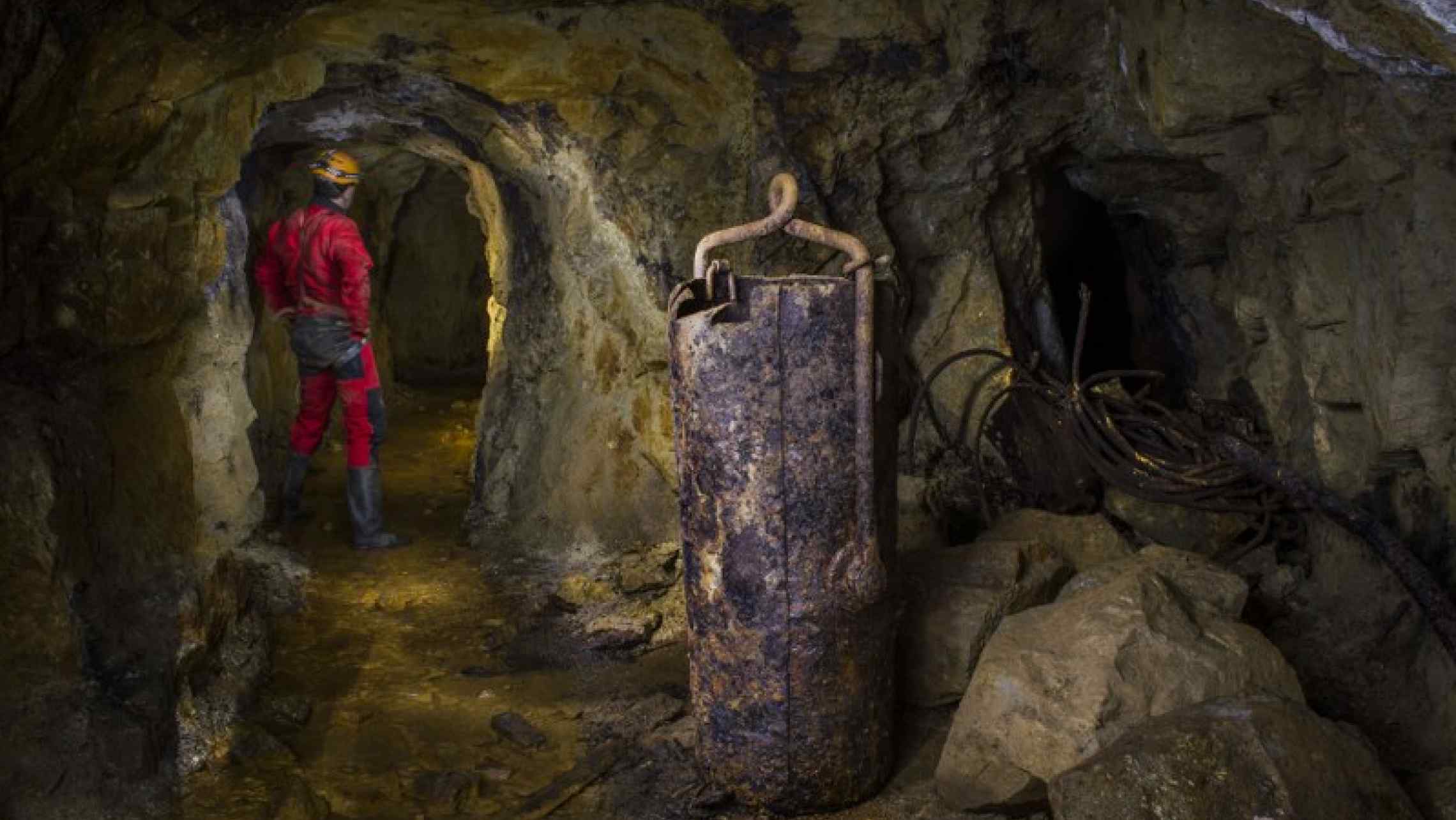 Ancient mine relics in Cornwall's underground mines. This kibble can be seen on an underground mine adventure with Cornwall Underground Adventures.