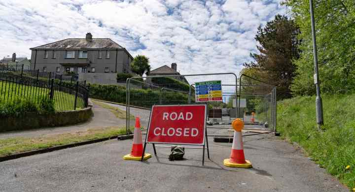 Road closure on Polmeere Road, Penzance, Cornwall, suspected to be a mineshaft