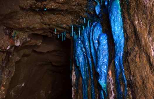 Copper leads to the formation of bright blue stalactites in Cornish Mines.