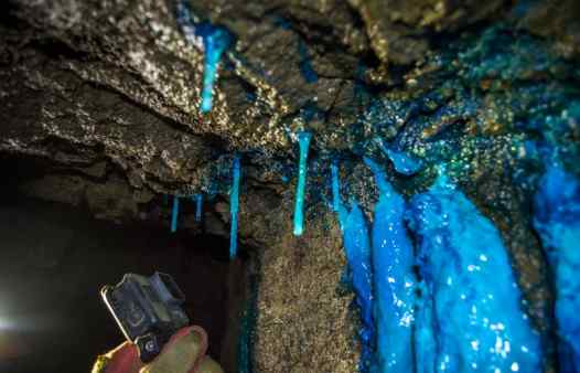 Mine adventure tours near Falmouth, Porthleven, Praa Sands and the Lizard. Witness fascinating features, like these bright blue copper mineral stalactites.